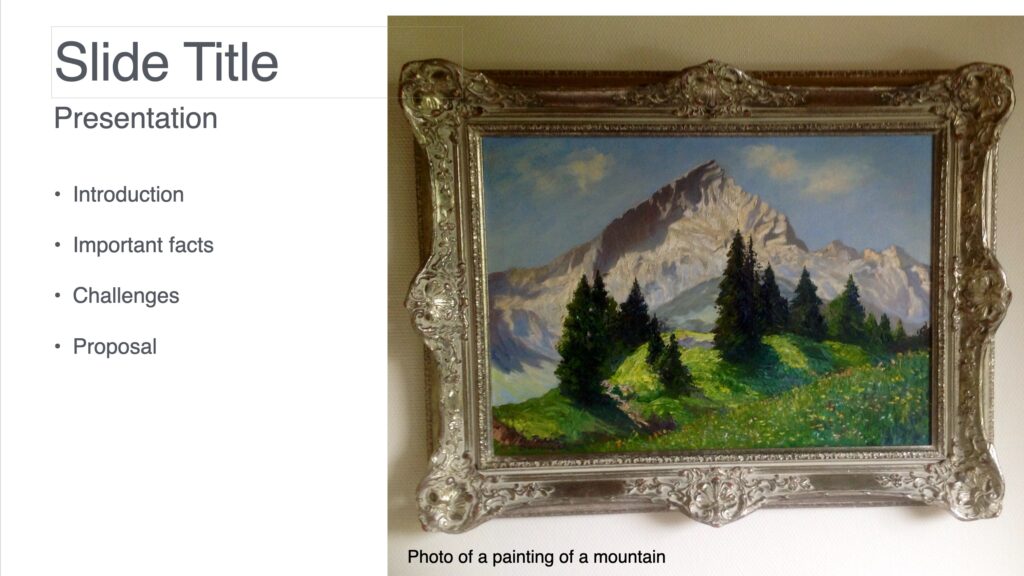 screen capture of a presentation agenda with a phot of a painting of a mountain