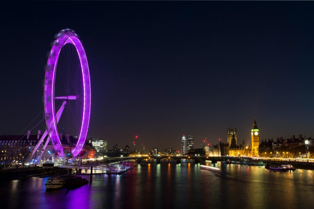 time lapse photo of the Thames, the London Eye ferris wheel, Parliament and Big Ben