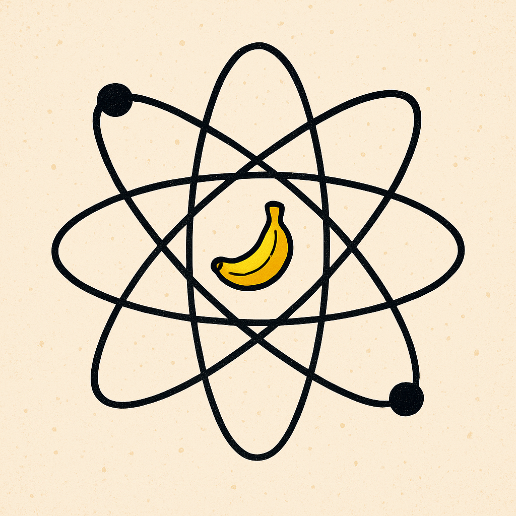 ChatGPT 5 generated image of a banana in the midst of an atom cloud generated 31 August 2025