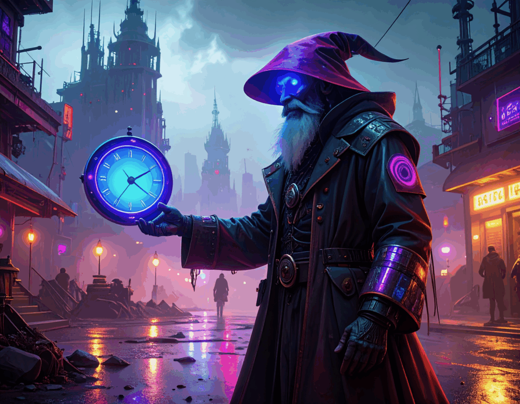 A cyber wizard holding a clock 